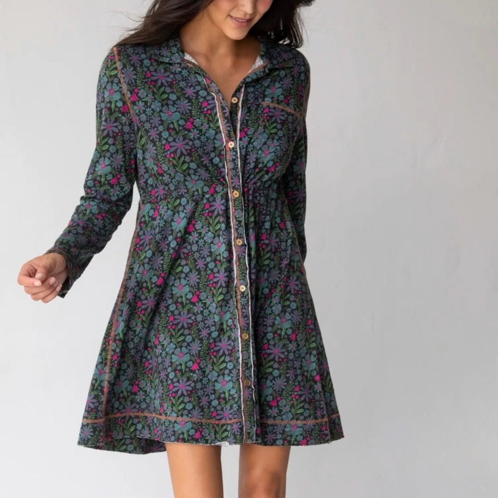 Natural Life Christa Knit Cotton Blue Pink Floral Mini Dress Large Boho NWT
